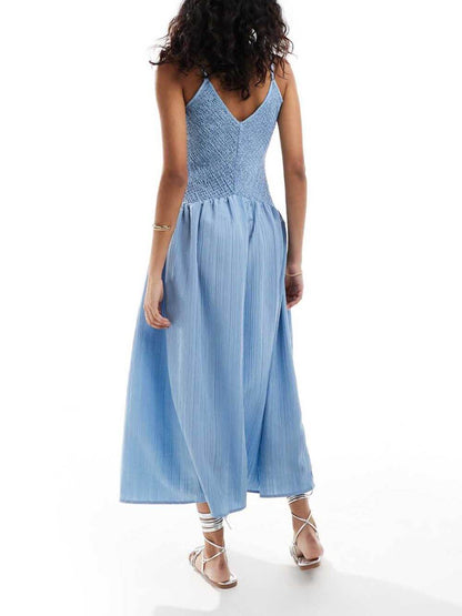 Crochet V Neck Smocked Waist Suspender Midi Dress