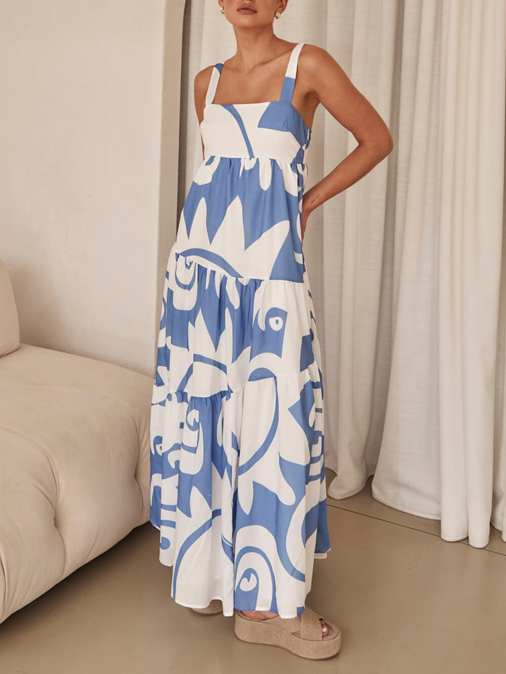 Abstract Geometric Print Square Neck Tiered Empire Maxi Dress