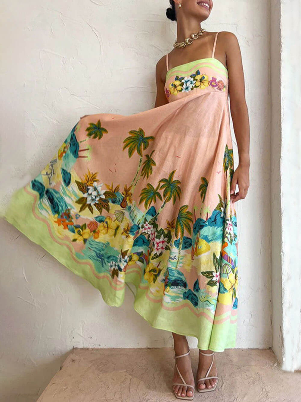 Tropical Print Scalloped Trim Spaghetti Strap Midi Dress