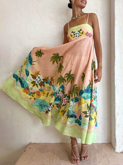 Tropical Print Scalloped Trim Spaghetti Strap Midi Dress