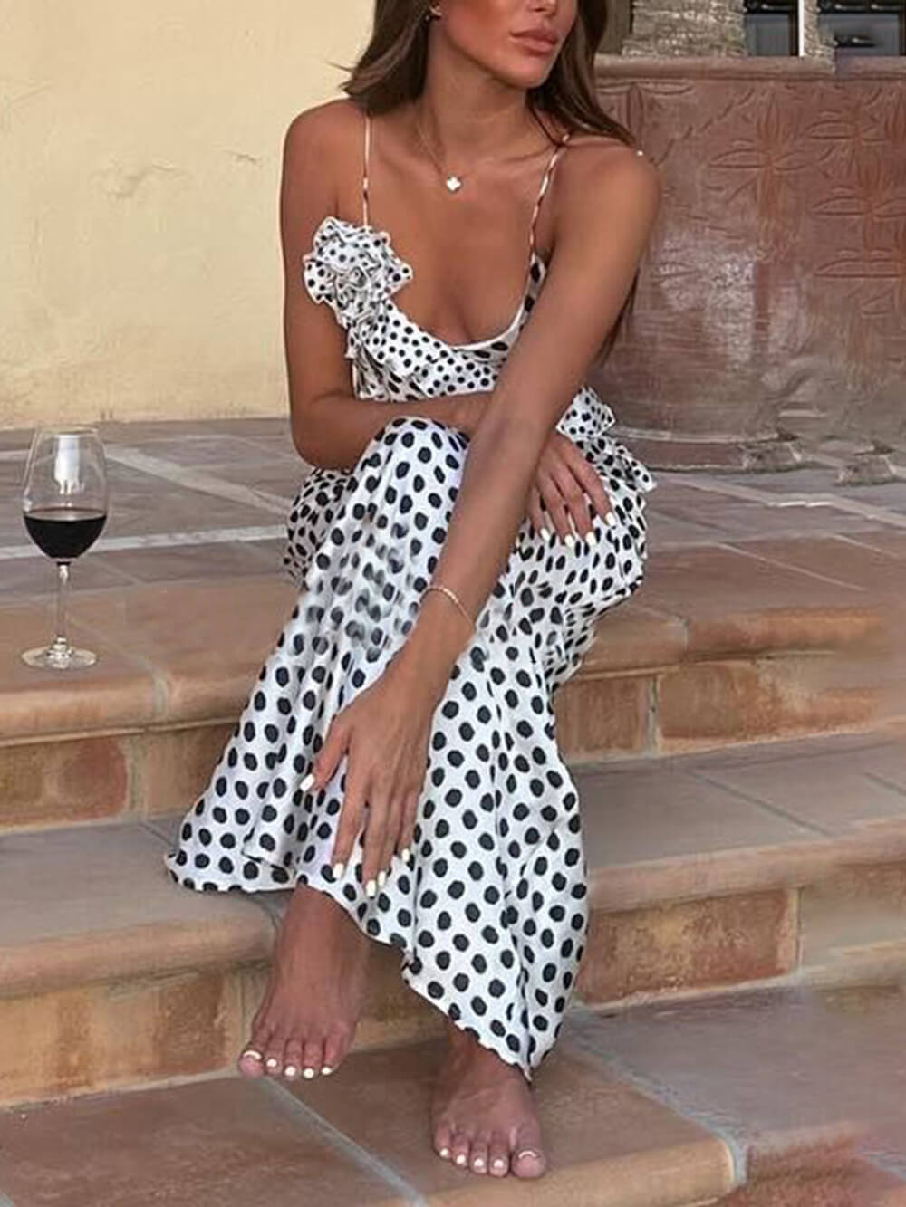 Polka Dot Spaghetti Strap Deep V Ruffle Trim Satin Maxi Dress