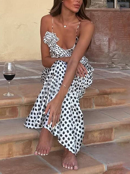 Polka Dot Spaghetti Strap Deep V Ruffle Trim Satin Maxi Dress