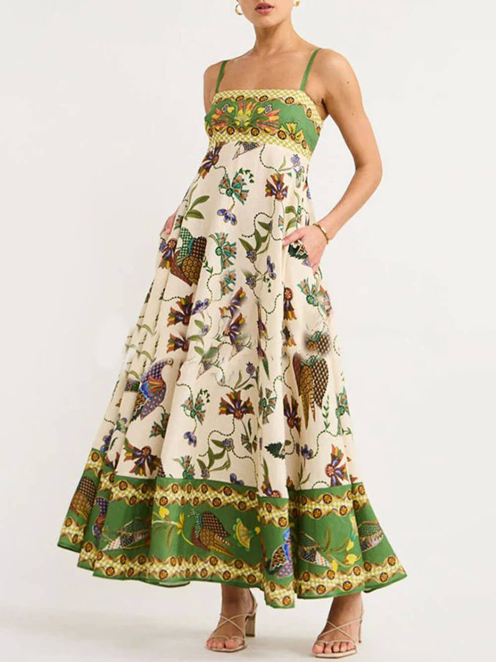 Bird Floral Print Empire Waist Spaghetti Strap Pocket Maxi Dress