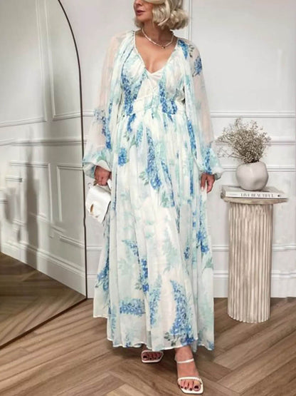 Botanical Floral Print Deep V-Neck Bishop Sleeve Drawstring Waist Maxi Dress