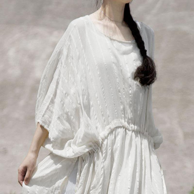 Round Neck Sheer Striped Batwing Sleeve Drawstring Back Maxi Dress