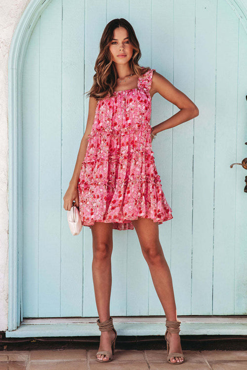 Square Neck Ruffled Strap Tiered Floral Babydoll Mini Dress