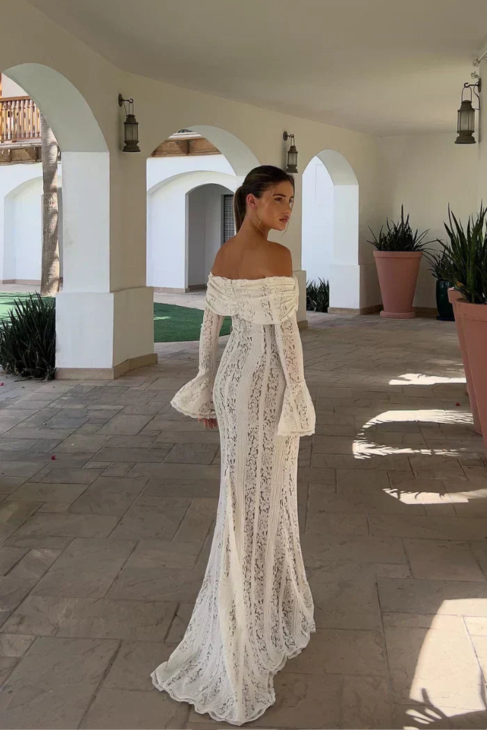 Off Shoulder Lace Foldover Collar Bell Cuff Mermaid Maxi Gown