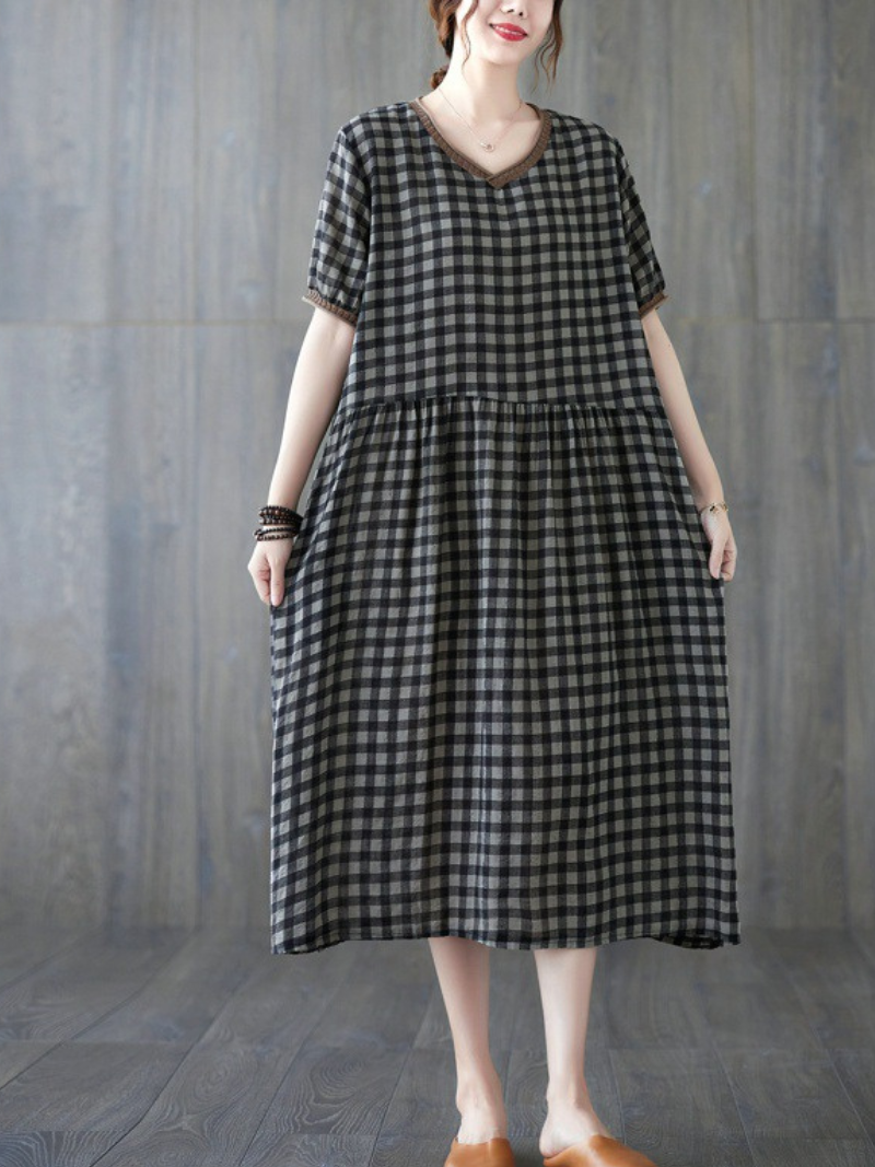 V Neck Braided Trim Gingham Check Smock Empire Midi Dress