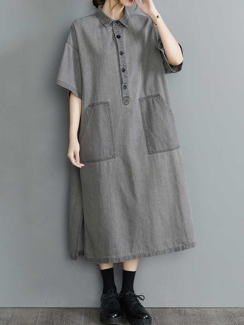 Round Neck Short Sleeve Patch Pocket Oversized Shirt Midi Dress