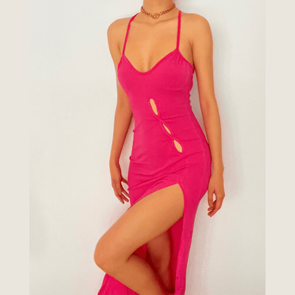 Scoop Neck Triple Cutout High Slit Spaghetti Strap Bodycon Maxi Dress