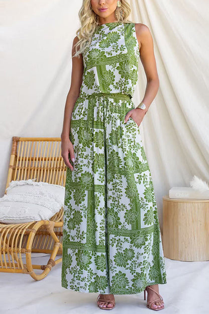 Elastic Waist Floral Print Pocketed Wide Leg Pants
