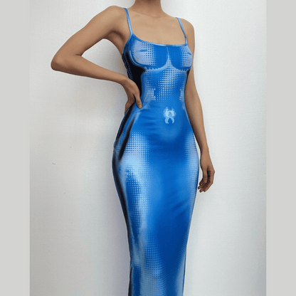 Square Neck Spaghetti Strap Trompe Loeil Contour Print Bodycon Maxi Dress