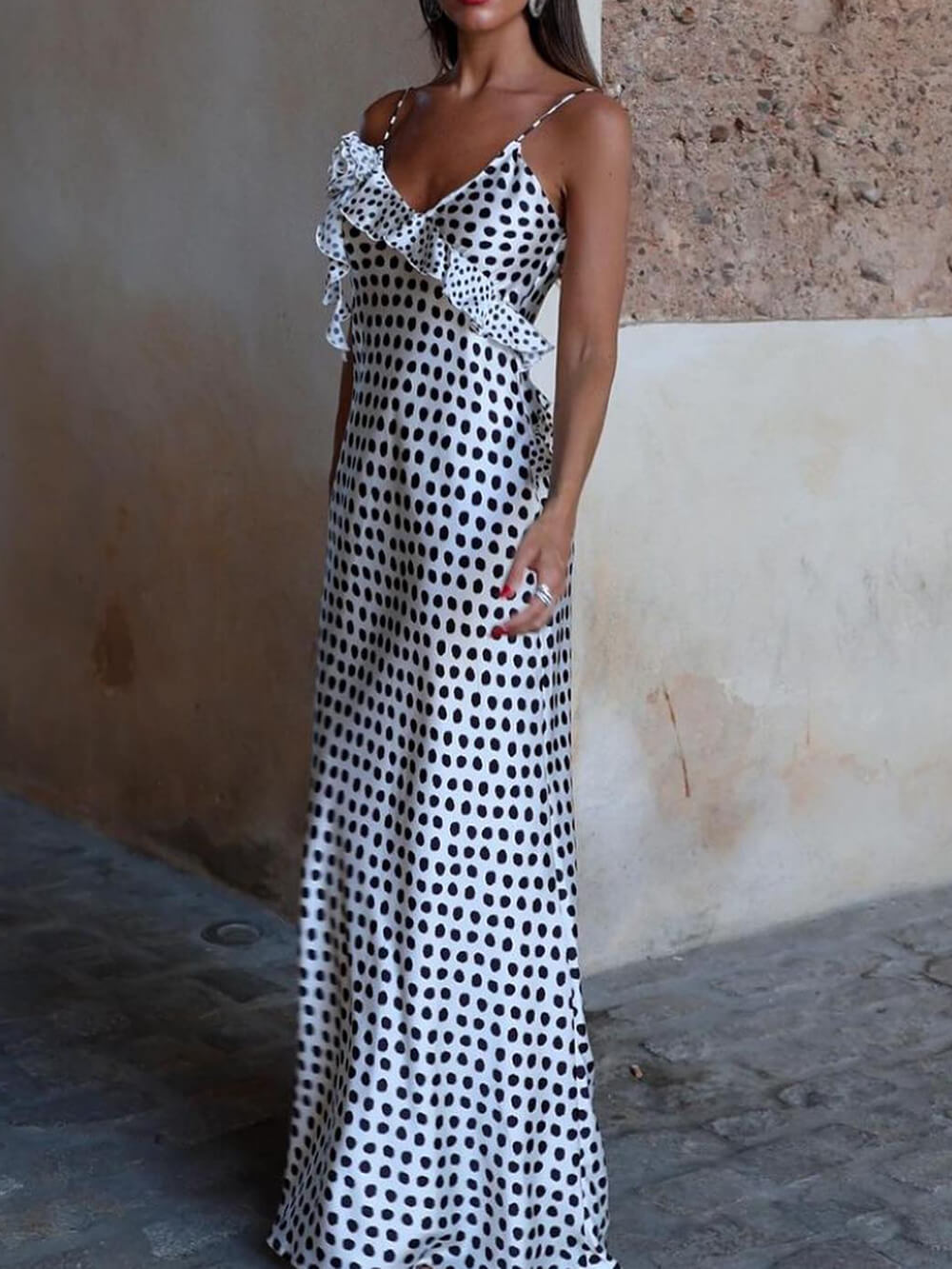 Polka Dot Spaghetti Strap Deep V Ruffle Trim Satin Maxi Dress