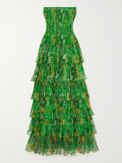 Strapless Smocked Tiered Ruffle Floral Print Maxi Dress