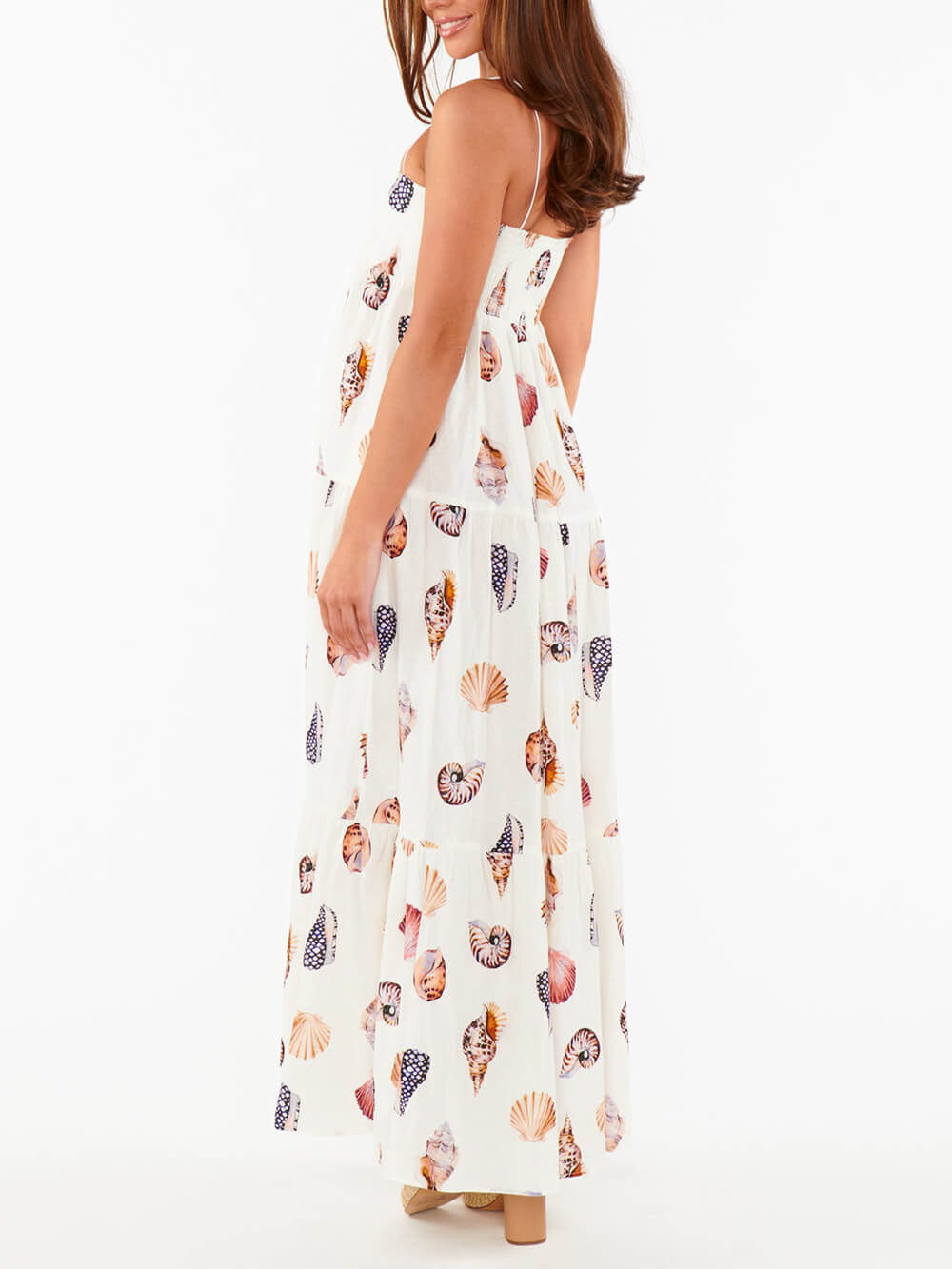Seashell Print Spaghetti Strap Tiered Maxi Dress