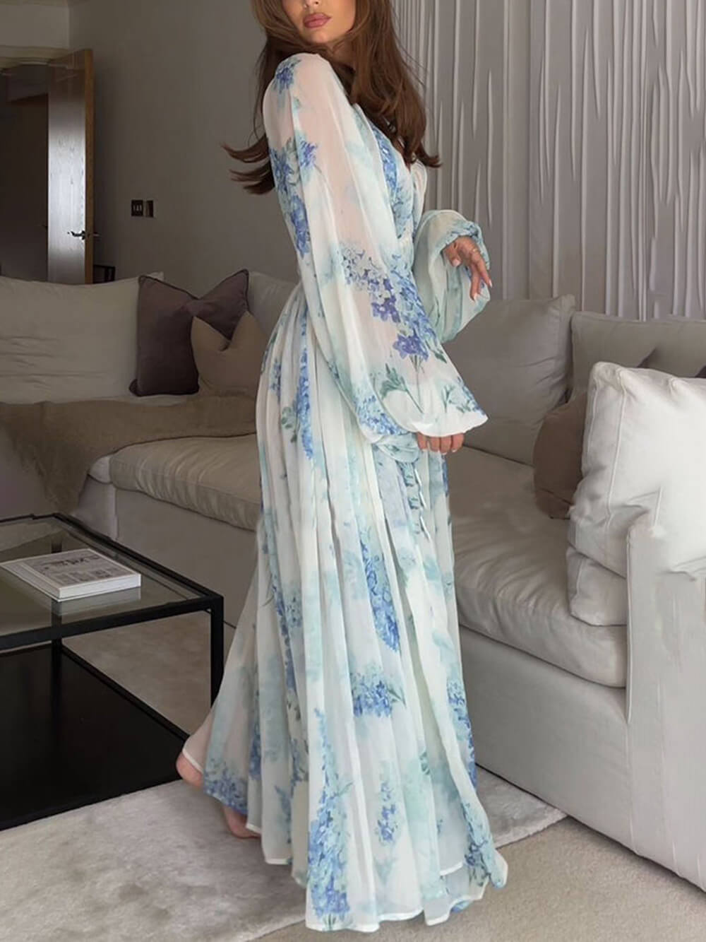 Botanical Floral Print Deep V-Neck Bishop Sleeve Drawstring Waist Maxi Dress