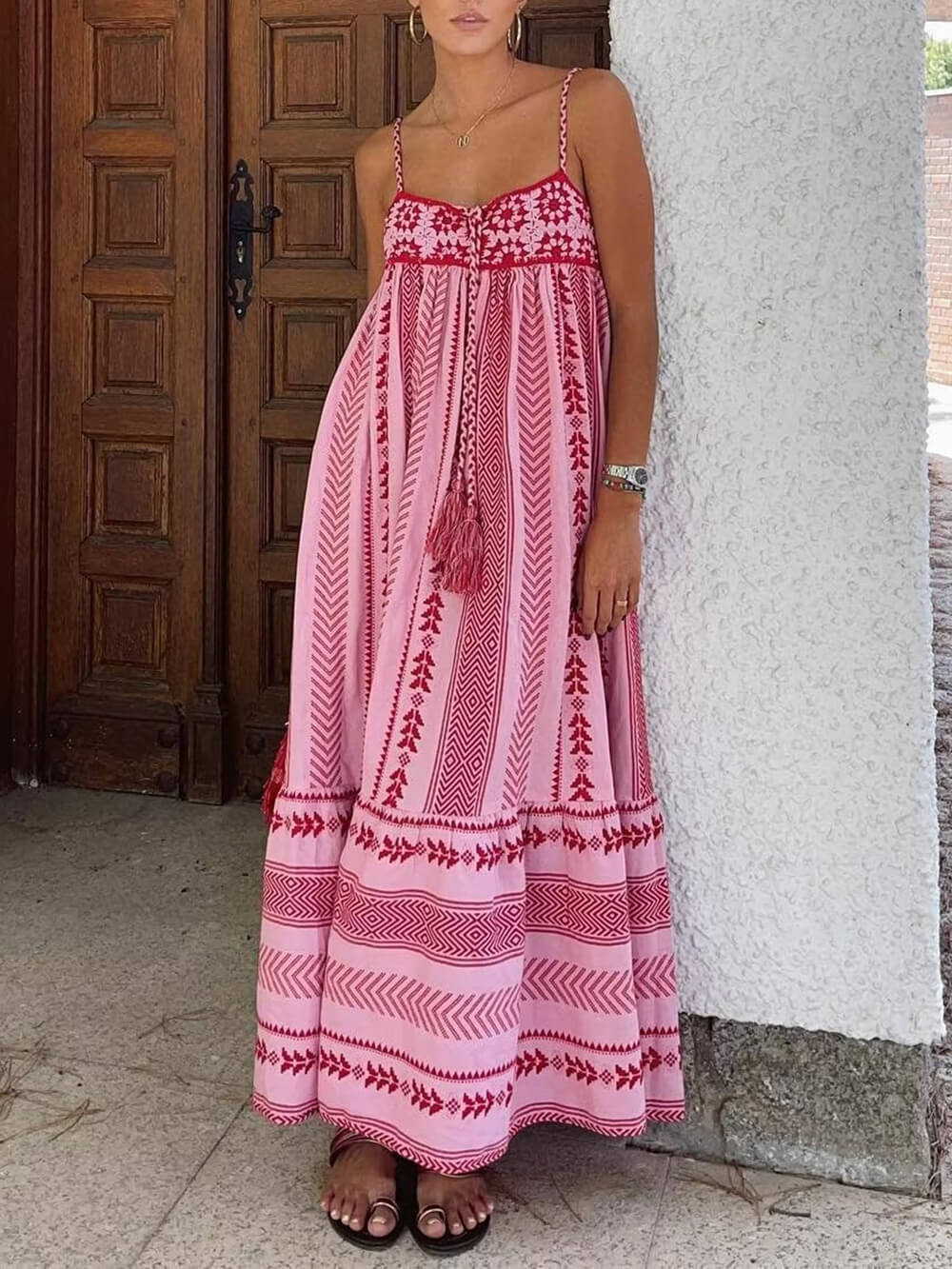 Geometric Print Crochet Patchwork Spaghetti Strap Tiered Maxi Dress