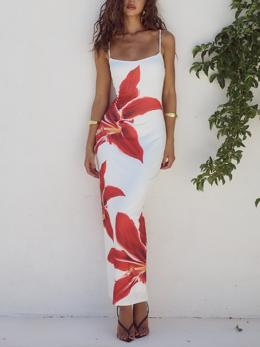 Spaghetti Strap Large Lily Floral Print Bodycon Maxi Dress