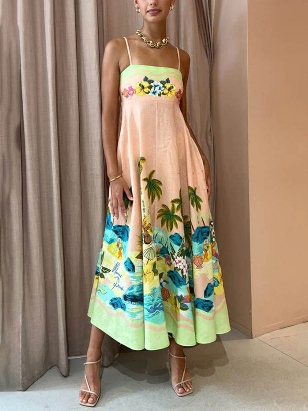 Tropical Print Scalloped Trim Spaghetti Strap Midi Dress