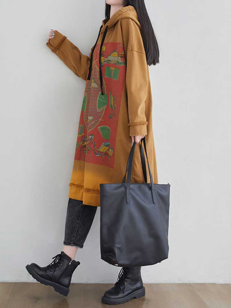 Hooded Drawstring Frayed Hem Graphic Print Oversized Sweatshirt Midi Dress