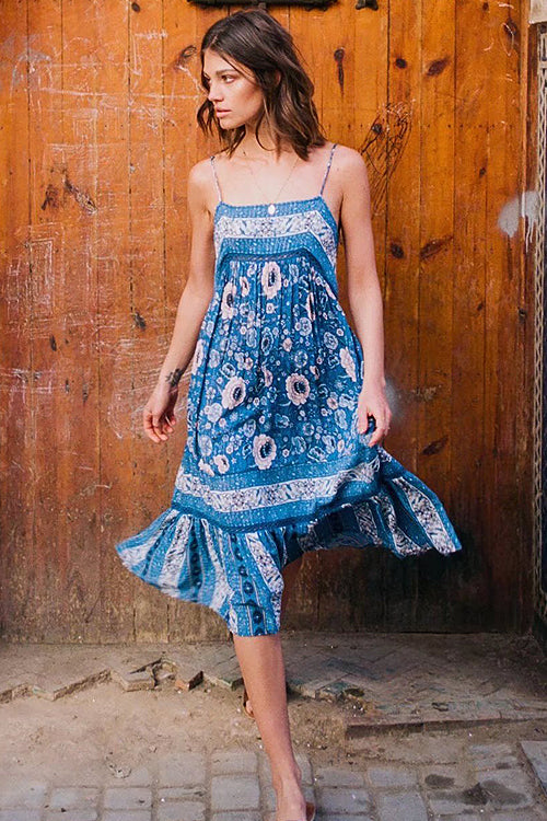 Square Neck Spaghetti Strap Bohemian Floral Border Print Ruffle Hem Midi Dress