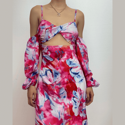 Spaghetti Strap Twist Knot Midriff Cutout Floral Print Puff Sleeve Maxi Dress