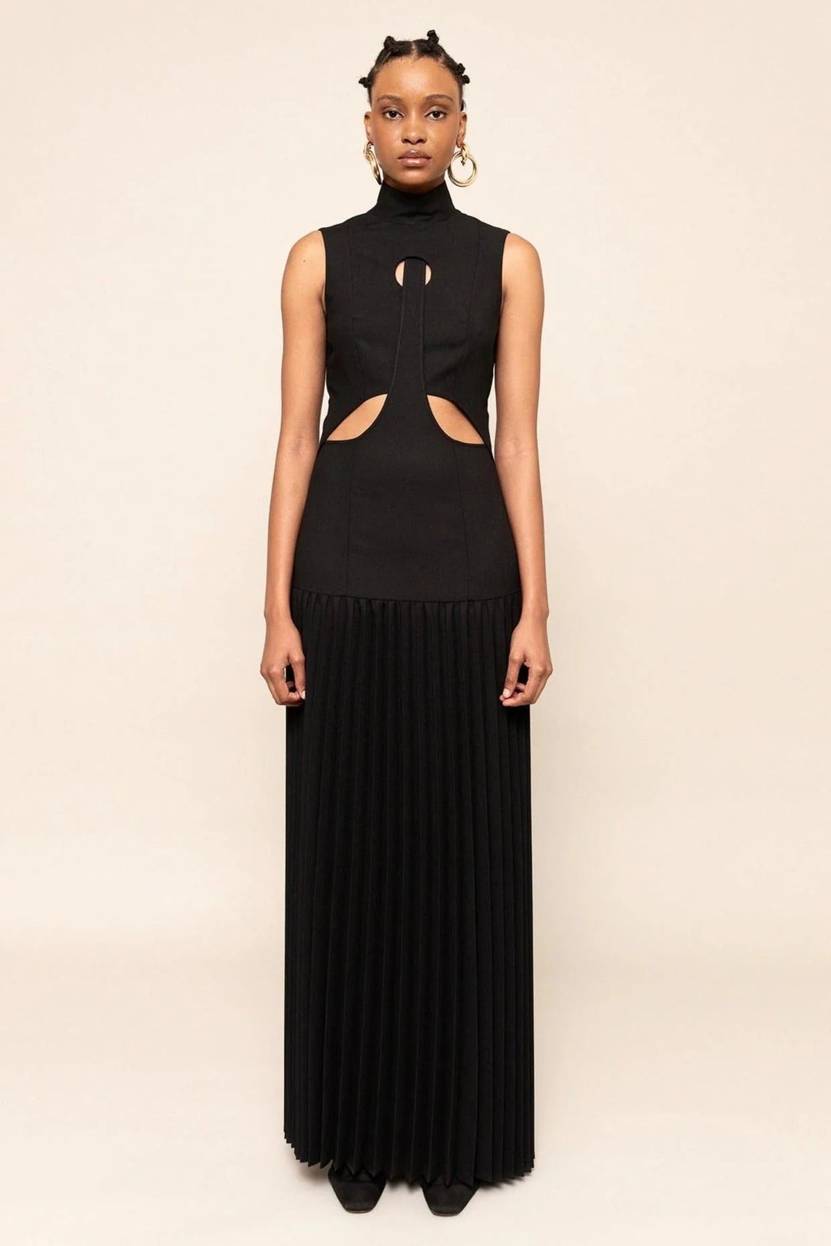Mock Neck Sleeveless Keyhole Cutout Accordion Pleated Maxi Dress