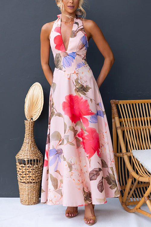 Halter V Neck Lace-up Floral Print Swing Maxi Dress