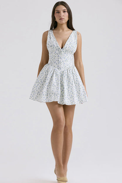 Deep V Corset Bodice Ruffled Opera Glove Ditsy Floral Mini Dress