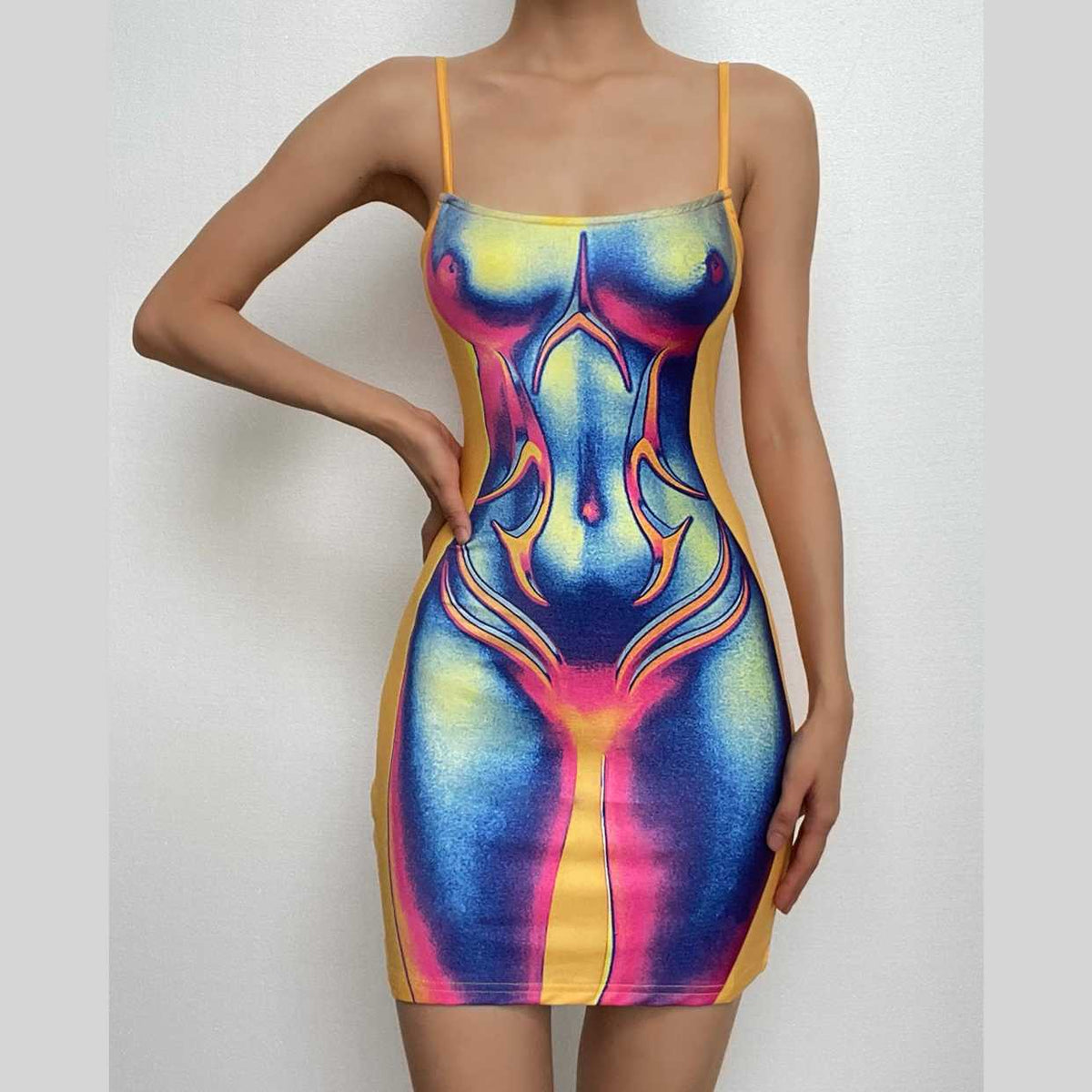 Square Neck Spaghetti Strap Thermal Silhouette Graphic Cami Mini Dress