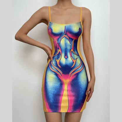 Square Neck Spaghetti Strap Thermal Silhouette Graphic Cami Mini Dress