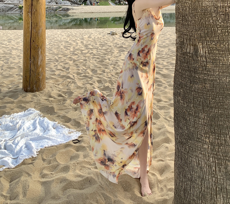 Spaghetti Strap Cowl Neck Abstract Floral Print High Slit Maxi Dress