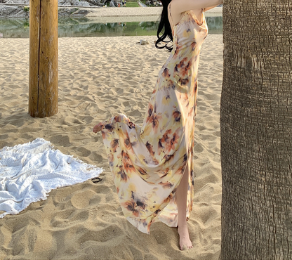 Spaghetti Strap Cowl Neck Abstract Floral Print High Slit Maxi Dress