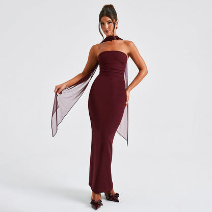 Strapless Ruched Bandeau Column Maxi Gown With Sheer Stole