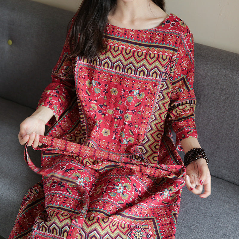 Boat Neck Three Quarter Sleeve Ethnic Geometric Print Tie Waist Maxi Dress