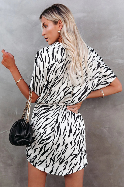 Mandarin Collar Zebra Print Tie Waist Mini Shirt Dress