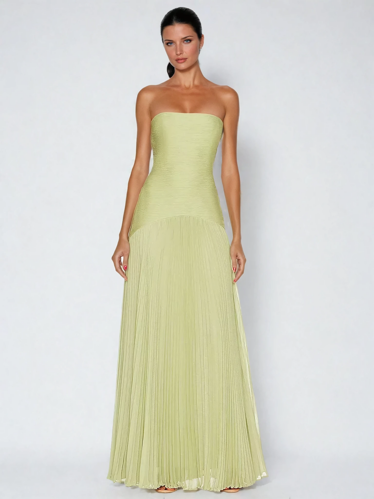 Strapless Drop Waist Accordion Pleat Column Maxi Gown