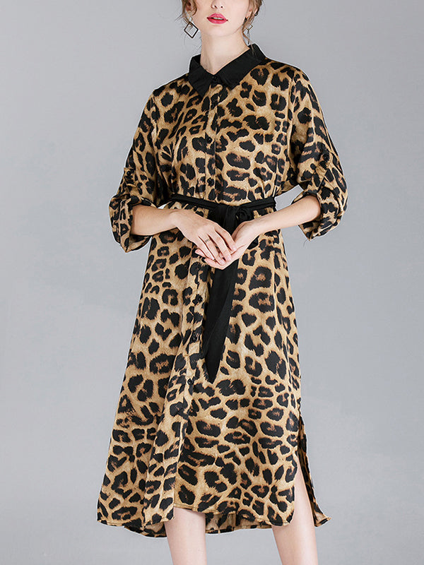 Contrasting Lapel Spotted Print Button Front High Slit Midi Shirt Dress