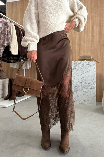 High Rise Satin Splice Lace Maxi Skirt