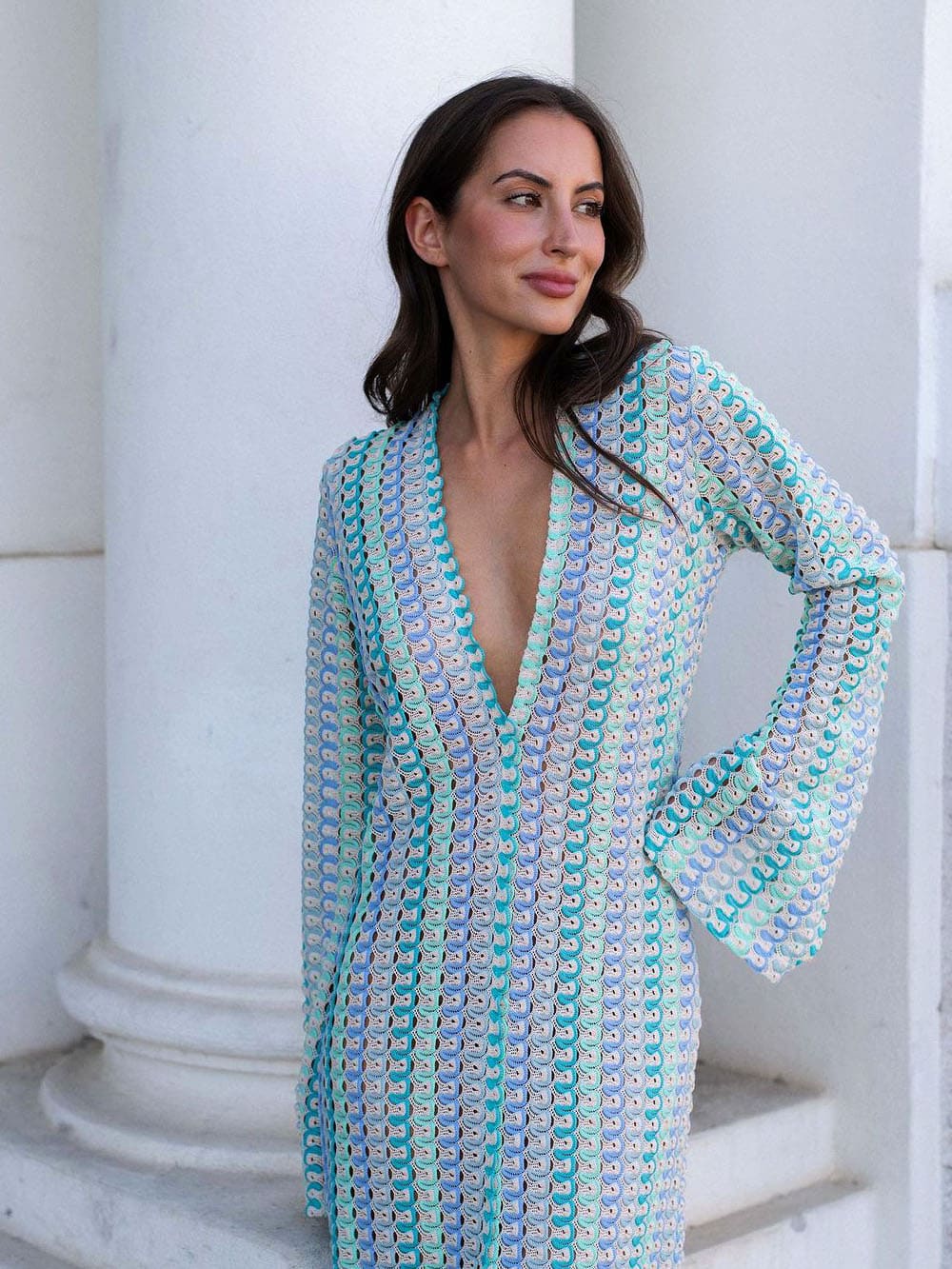 Wavy Stripe Crochet Deep V-Neck Long Sleeve Front Slit Maxi Dress