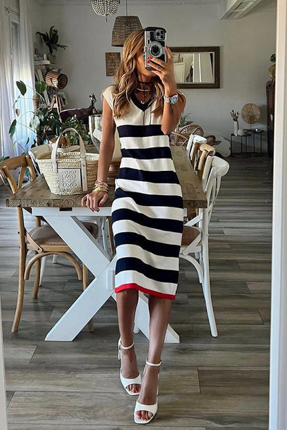 V Neck Cap Sleeve Horizontal Stripe Knit Side Slit Midi Dress