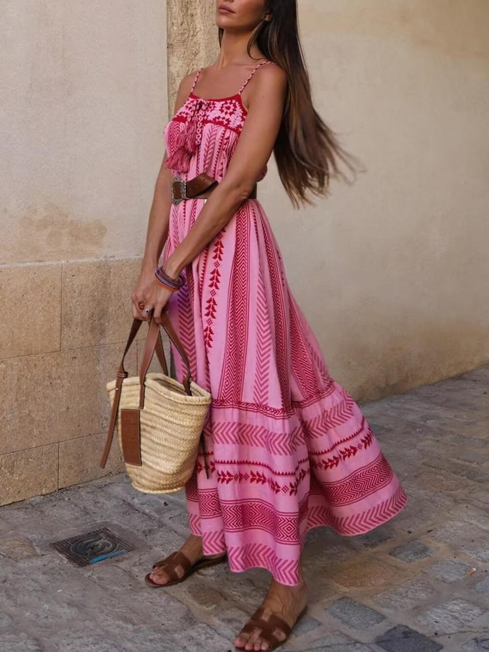 Geometric Print Crochet Patchwork Spaghetti Strap Tiered Maxi Dress