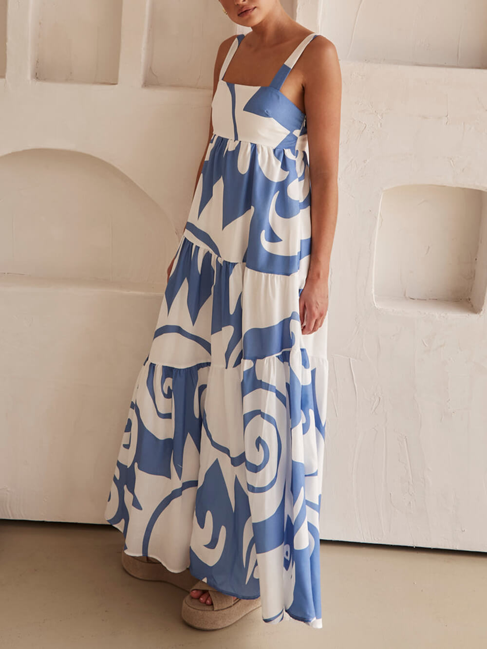 Abstract Geometric Print Square Neck Tiered Empire Maxi Dress