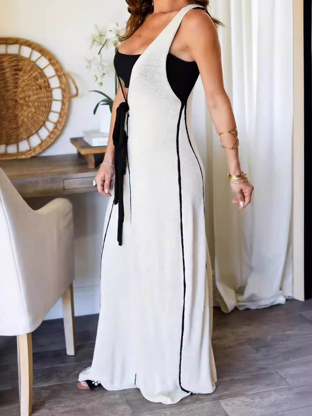 Contrast Color Self-Tie Charming Flowy Oversized Maxi Dress