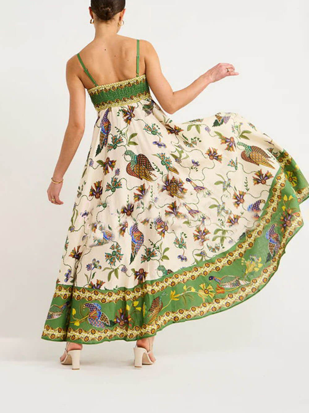Bird Floral Print Empire Waist Spaghetti Strap Pocket Maxi Dress