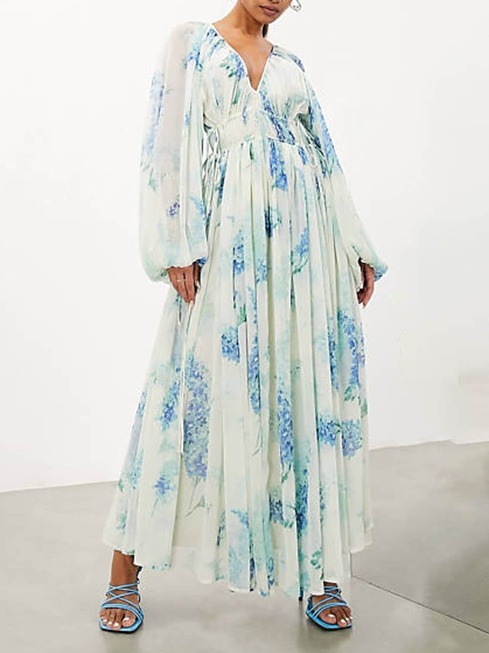Botanical Floral Print Deep V-Neck Bishop Sleeve Drawstring Waist Maxi Dress