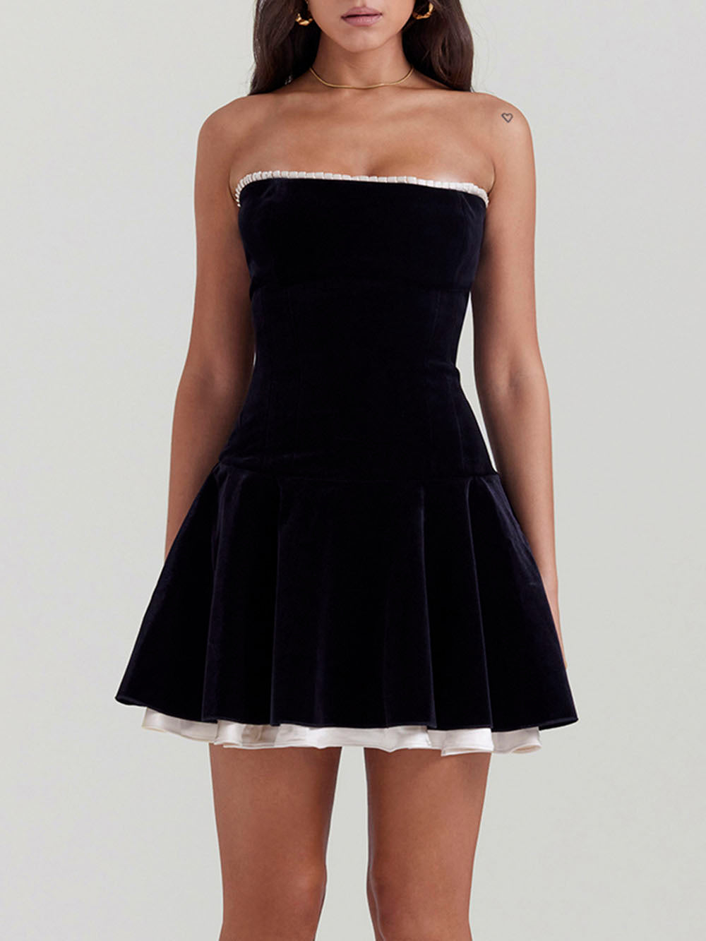 Velvet Strapless Contrast Trim Pleated Skater Mini Dress