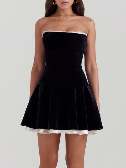 Velvet Strapless Contrast Trim Pleated Skater Mini Dress