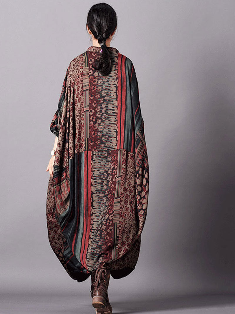 Mandarin Collar Button Front Mixed Print Patchwork Oversized Maxi Dress