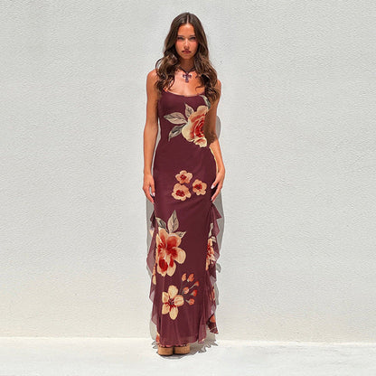 Spaghetti Strap Scoop Neck Side Ruffle Trim Floral Maxi Dress
